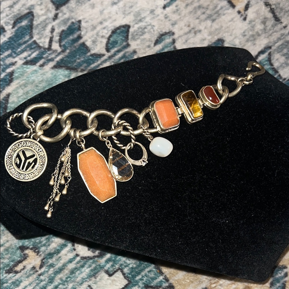 Chic Silver Bracelet with Orange and Gold Charms